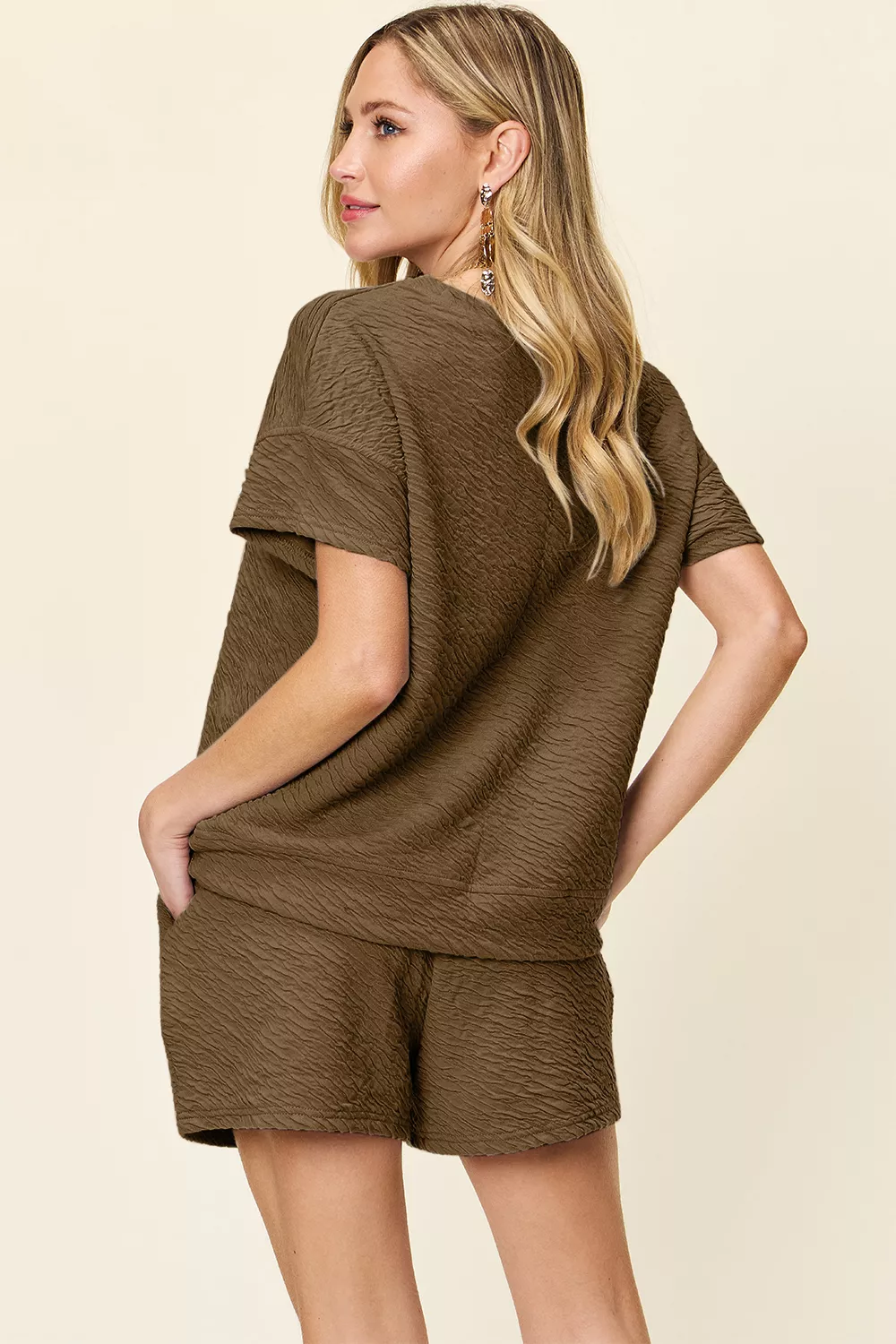 Full Size Texture Short Sleeve T-Shirt and Drawstring Shorts Set, image 20
