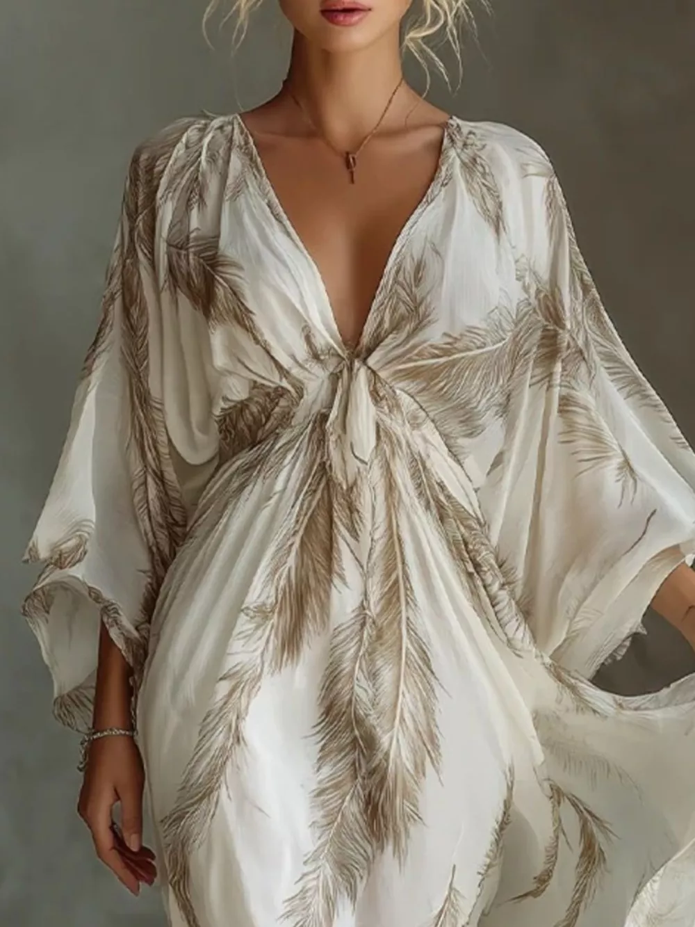 Full Size Feather Print V-Neck Flowy Maxi Dress Plus Size, image 2