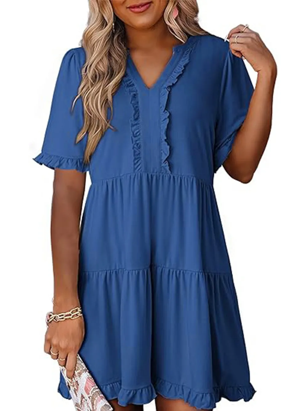 Tiered Notched Short Sleeve Mini Dress, image 14