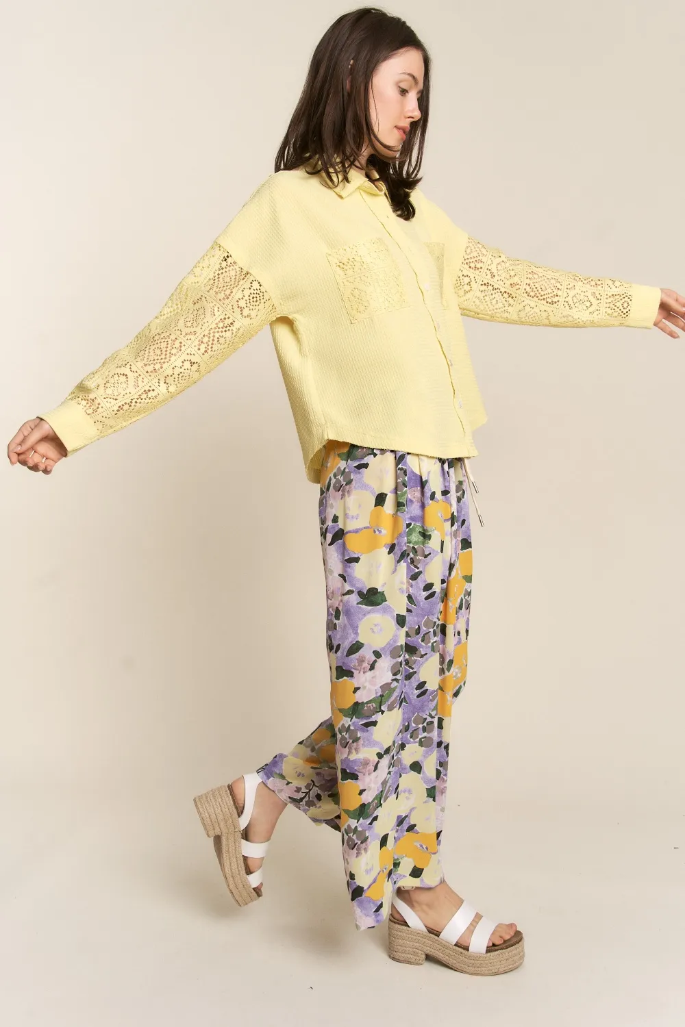 Button Down Lace Long Sleeve Waffle Shirt, image 4