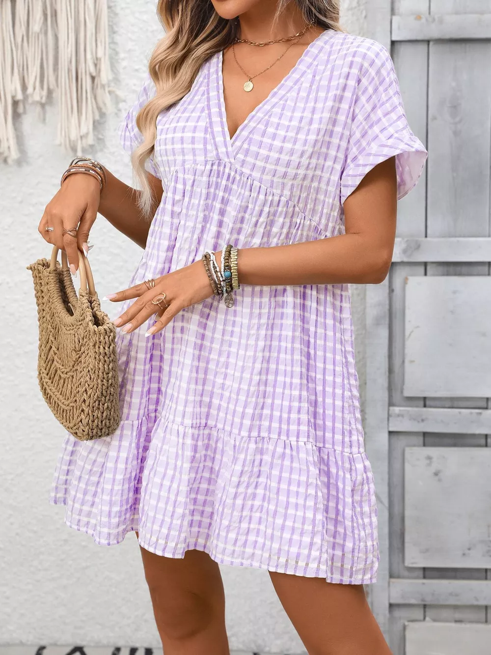 Plaid V-Neck Ruffle Hem Mini Dress, image 16