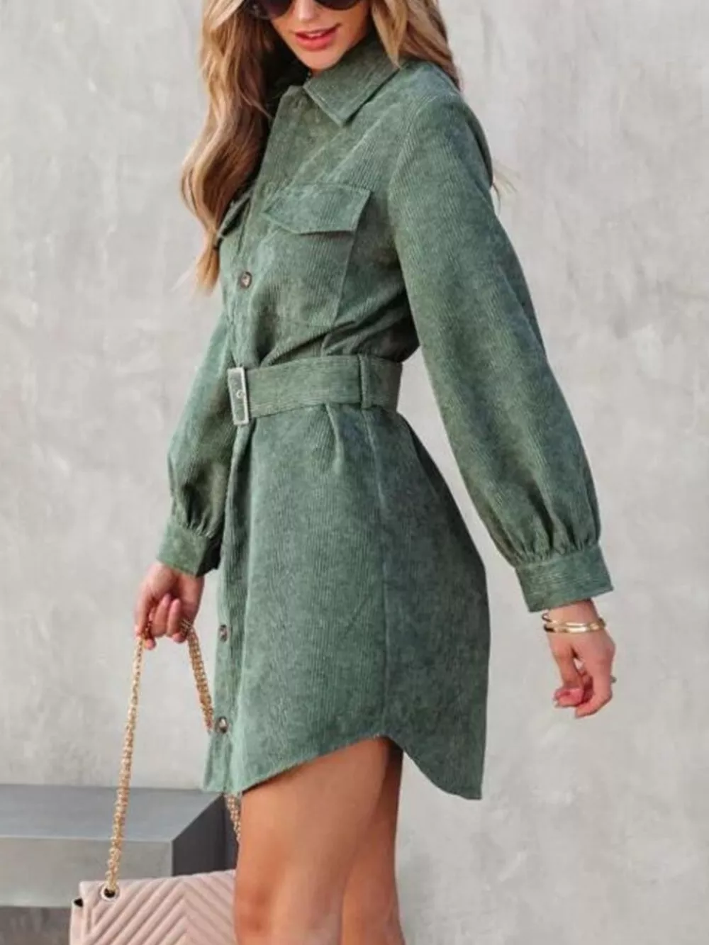 Button Front Belt Long Sleeve Corduroy Dress, image 14