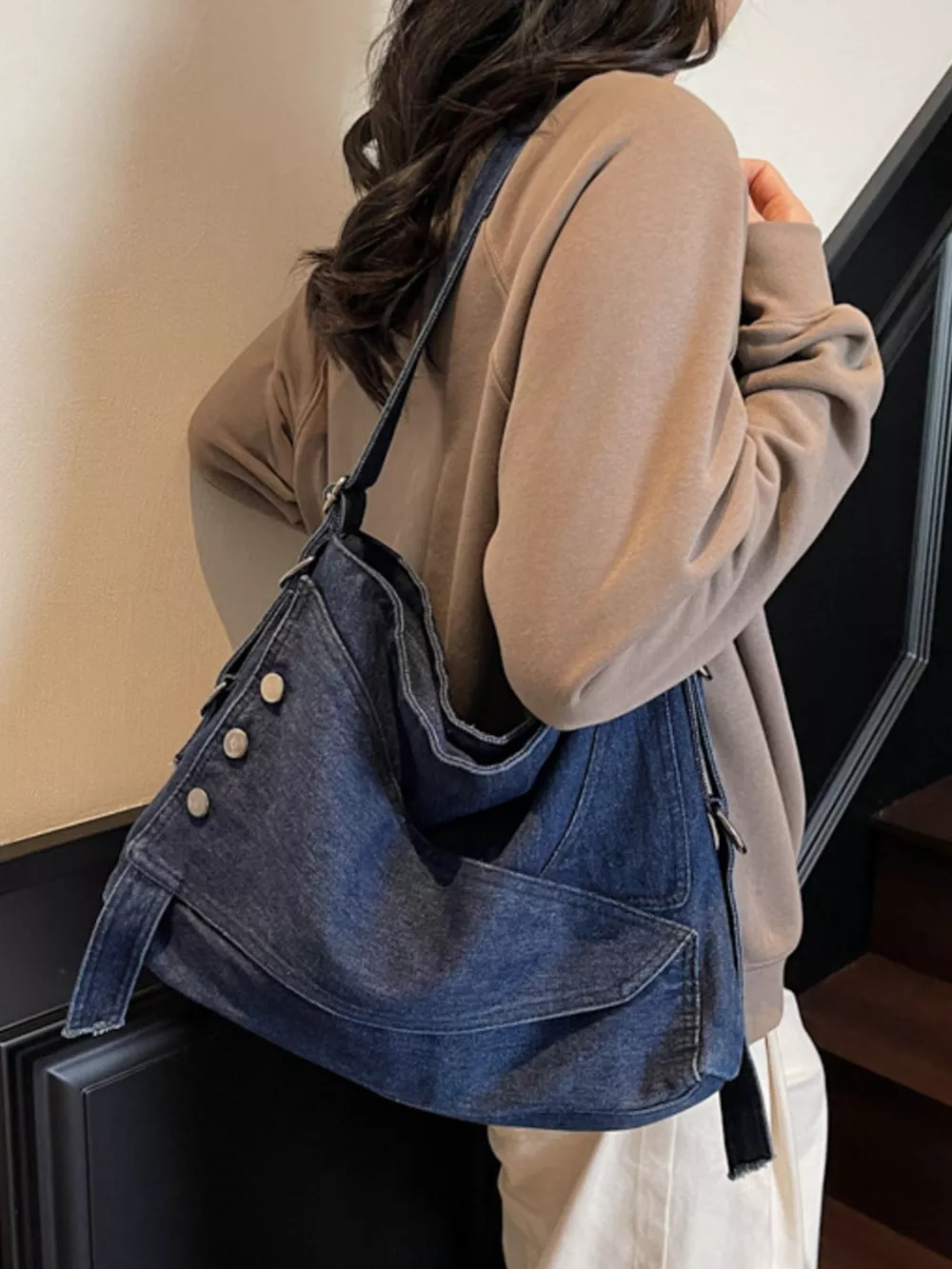 Casual Denim Crossbody Bag with Button Detail, image 5