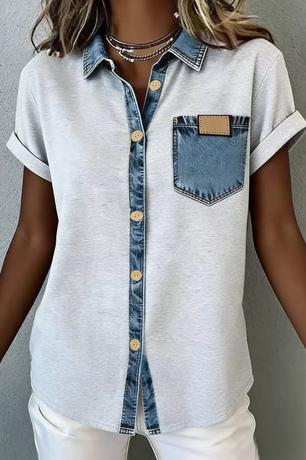 Denim Trim Button-Down Shirt, image 2