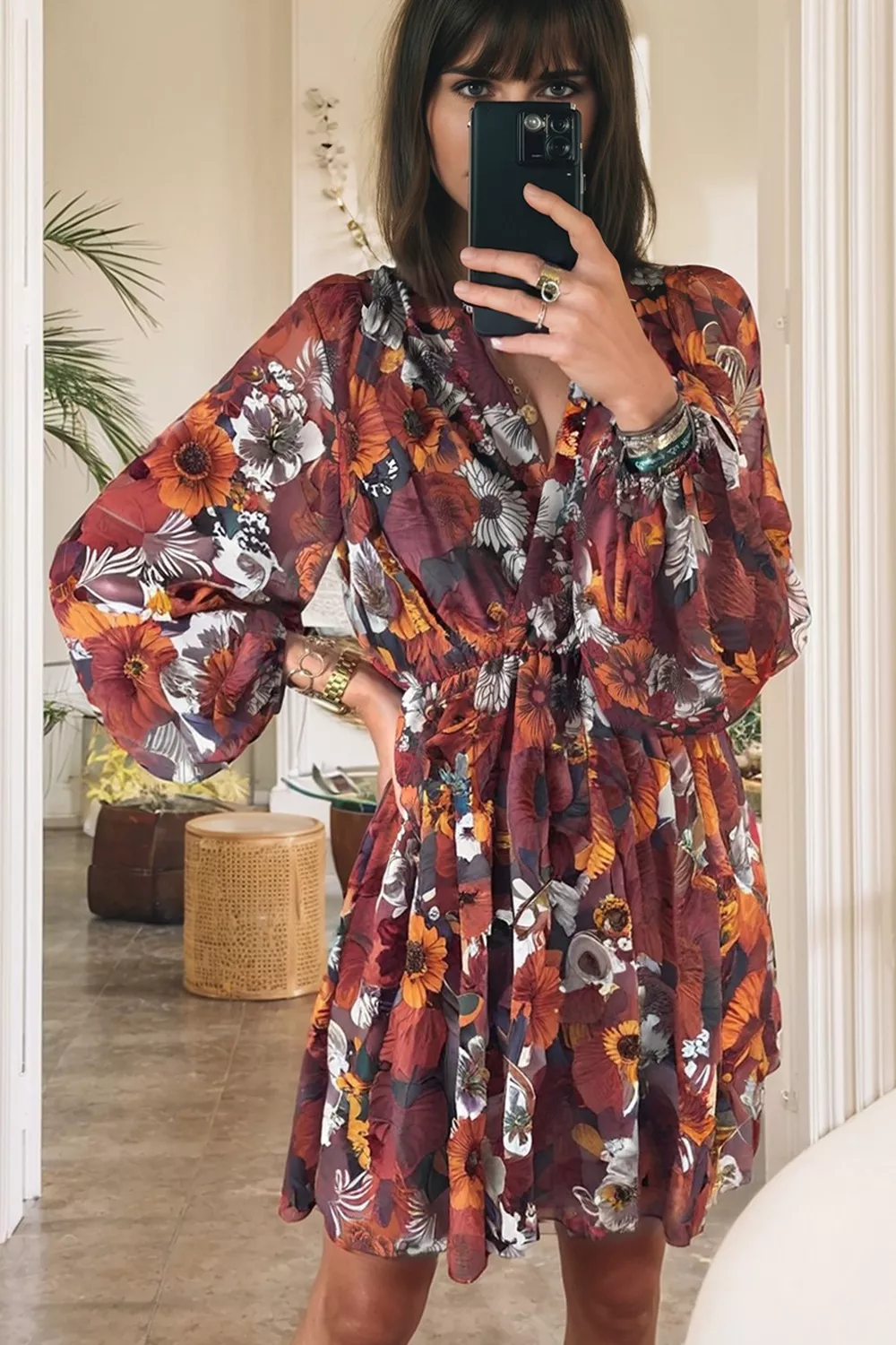 Floral Print Balloon Sleeve Mini Dress, image 2