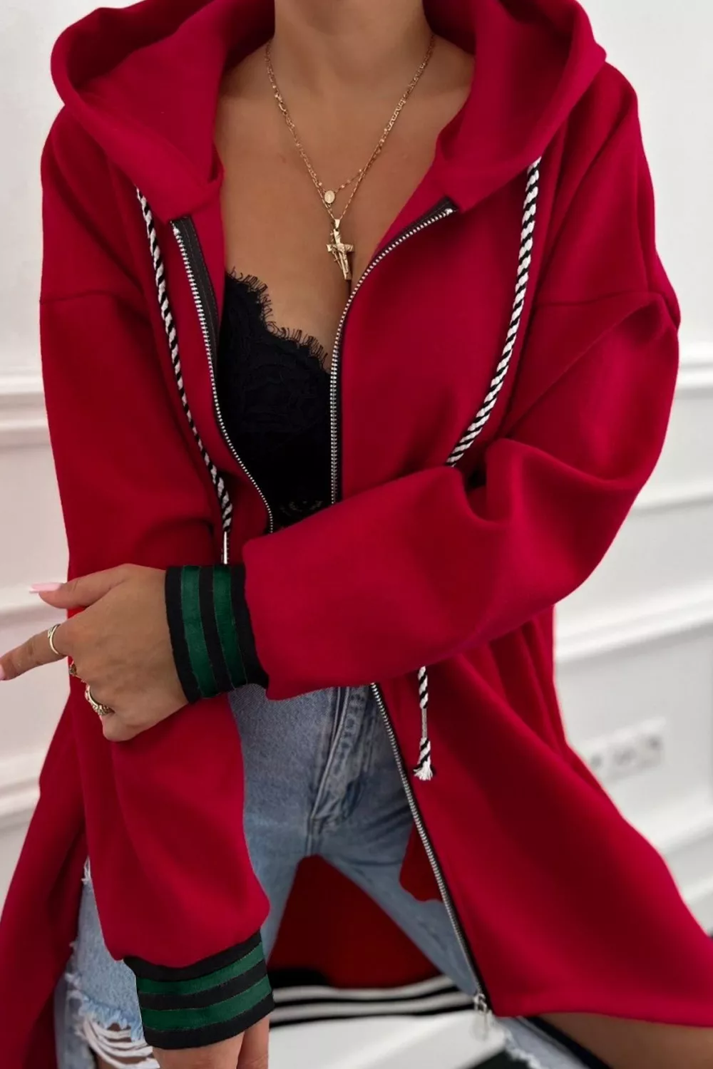 Contrast Cuffed Drop Shoulder Zip Up Hoodie, image 3