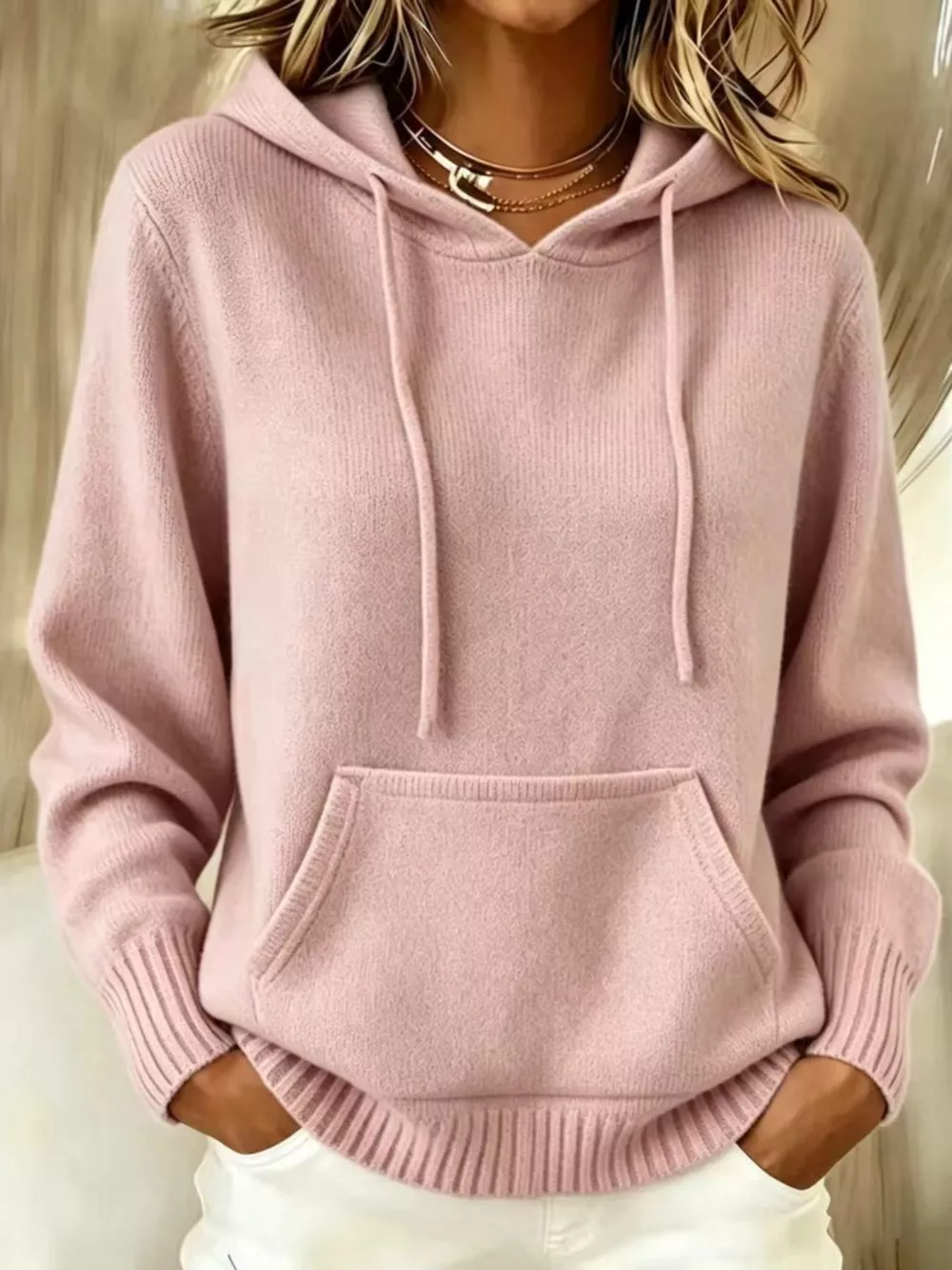 Full Size Drawstring Kangaroo Pocket Hooded Sweater Plus Size, image 10