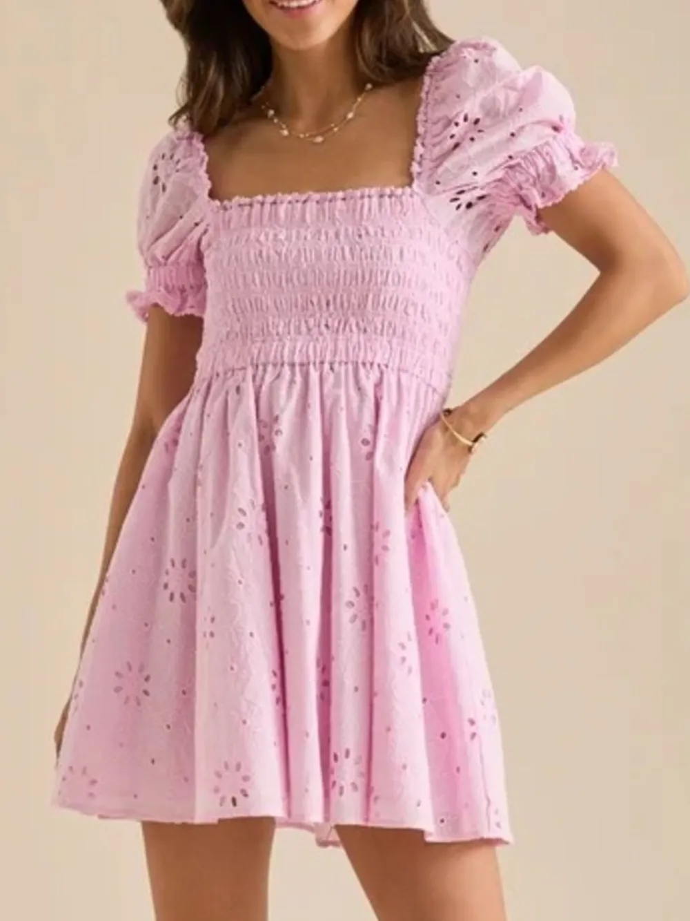 Eyelet Puff Sleeve Smocked Mini Dress, image 9