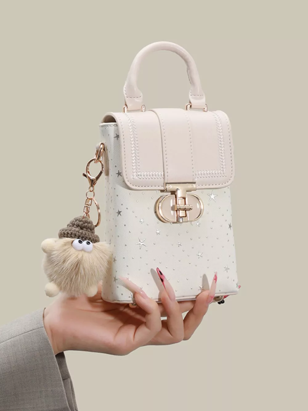 Star-Patterned Mini Crossbody Bag with Plush Charm, image 4