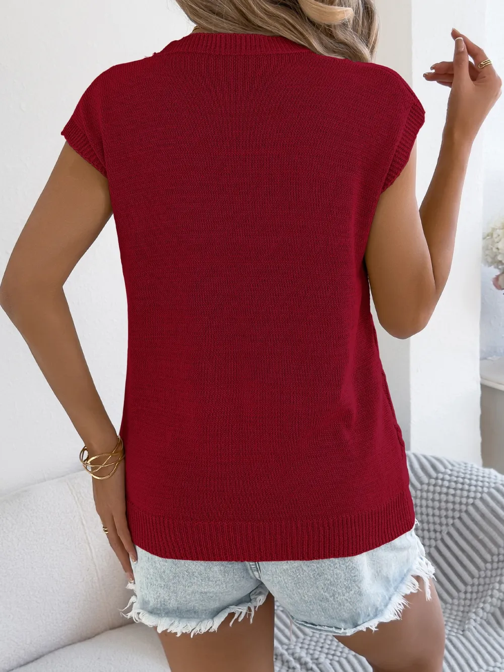 Round Neck Cap Sleeve Knit Top, image 15