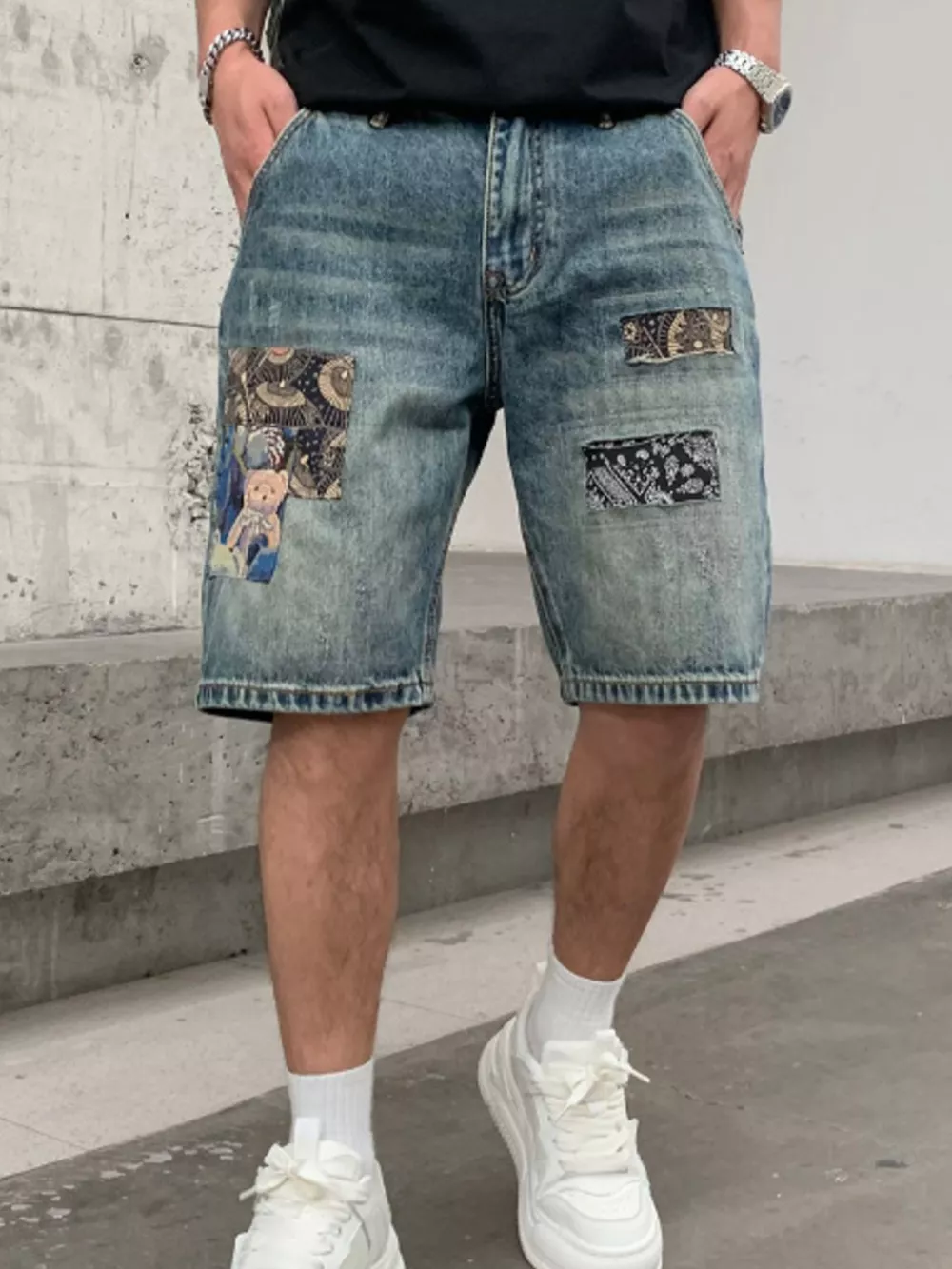 Men's Patchwork Graphic Denim Shorts, image 2