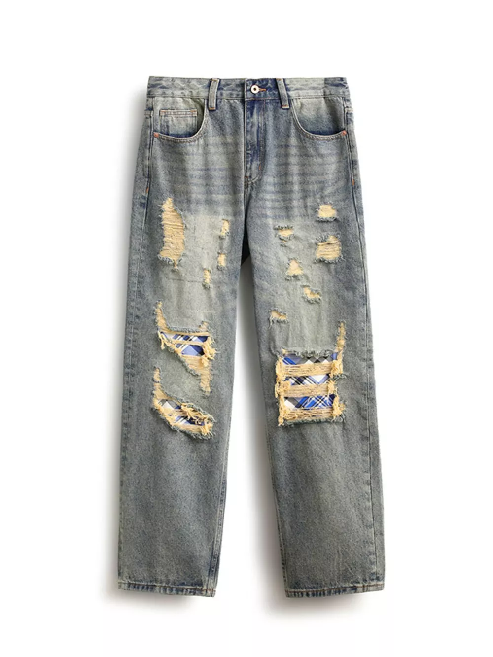 Men's Distressed Plaid Patch Wide Leg Jeans, image 8