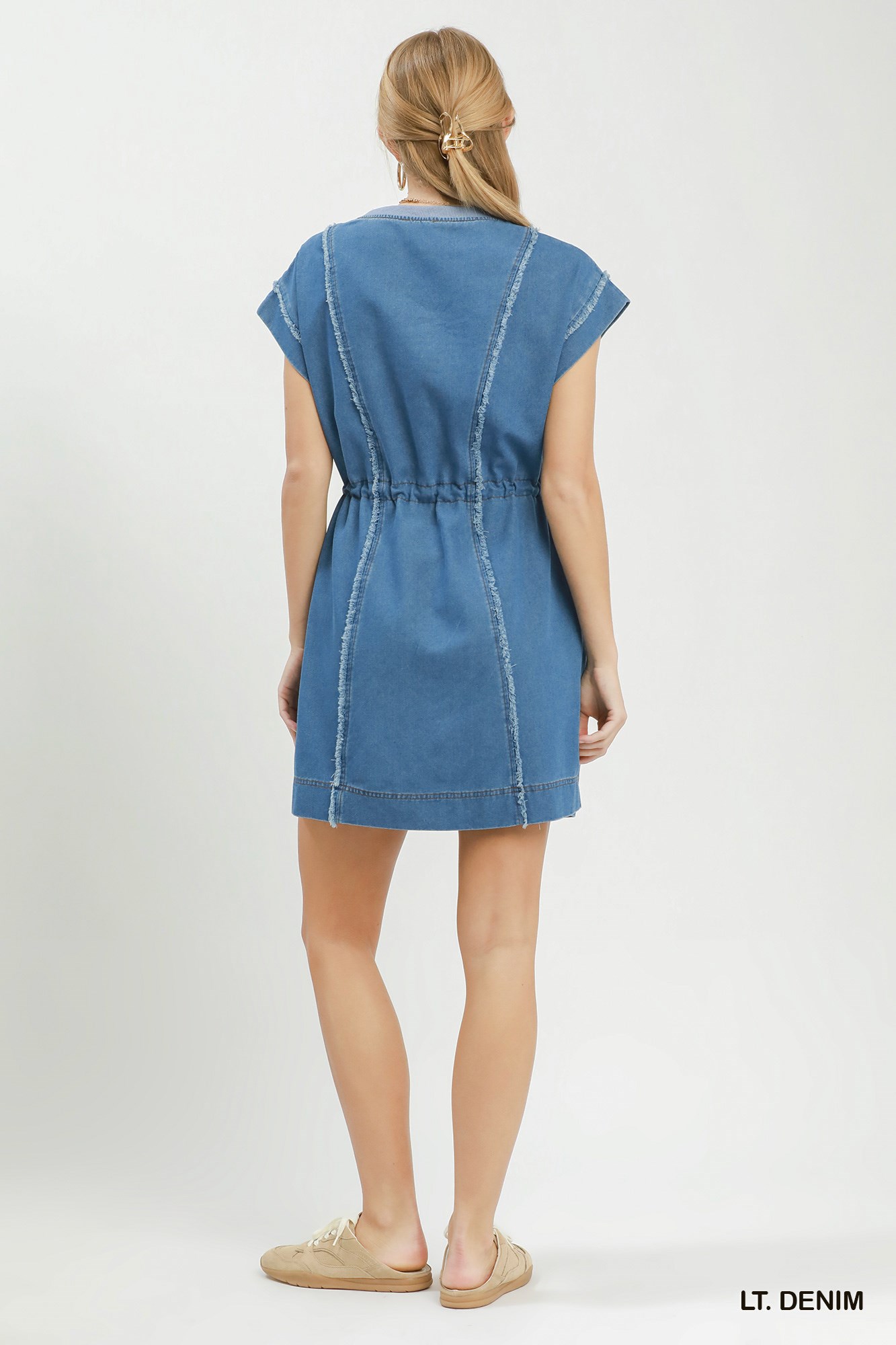 Drawstring Waist Frayed Denim Mini Dress, image 3