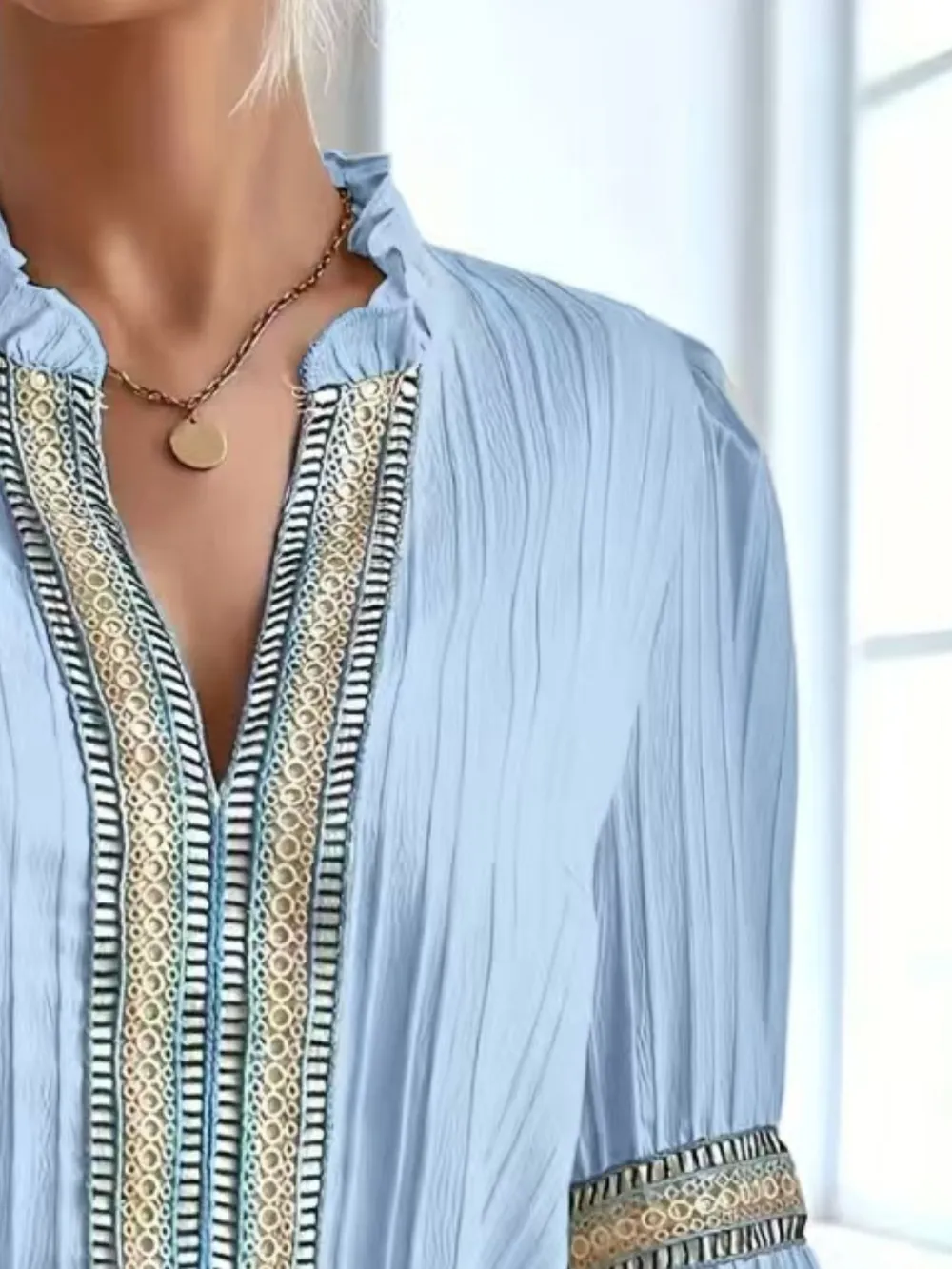Notched Textured Balloon Sleeve Blouse, image 10