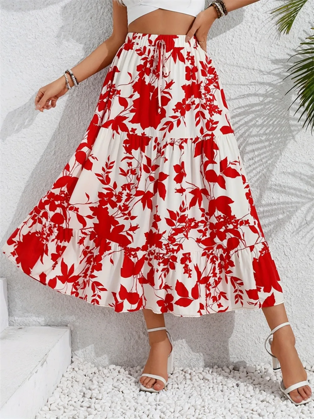 Ruffled Hem Printed Midi Skirt