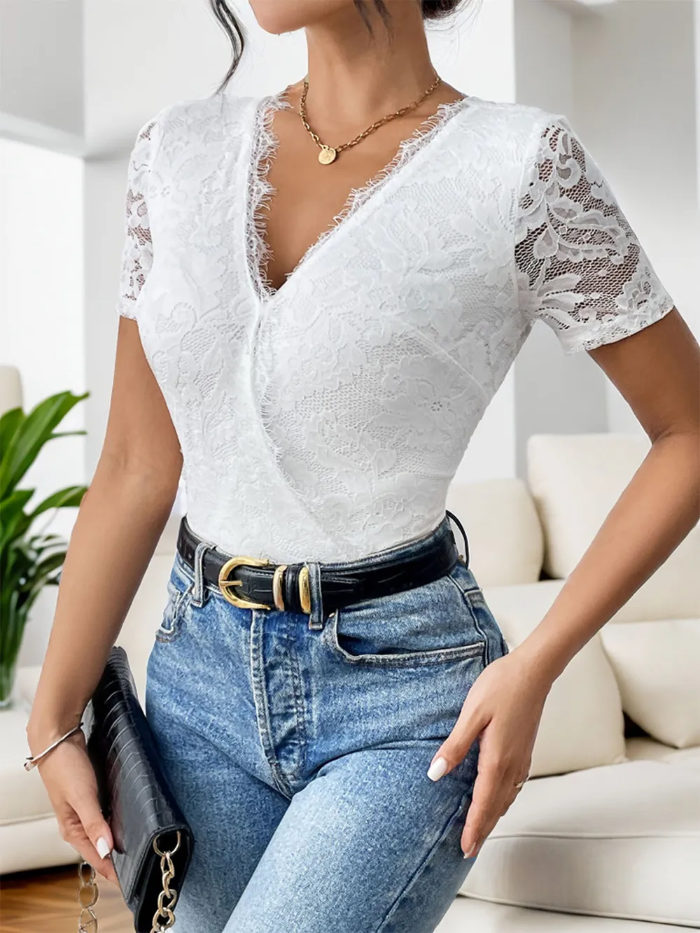 Cutout V-Neck Short Sleeve Lace Bodysuit, image 4
