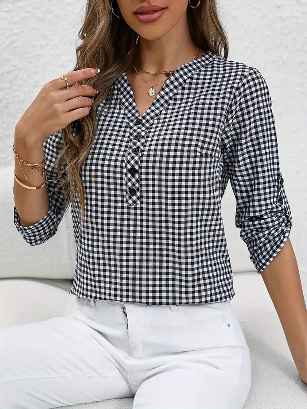 Gingham Button Detail Blouse, image 3