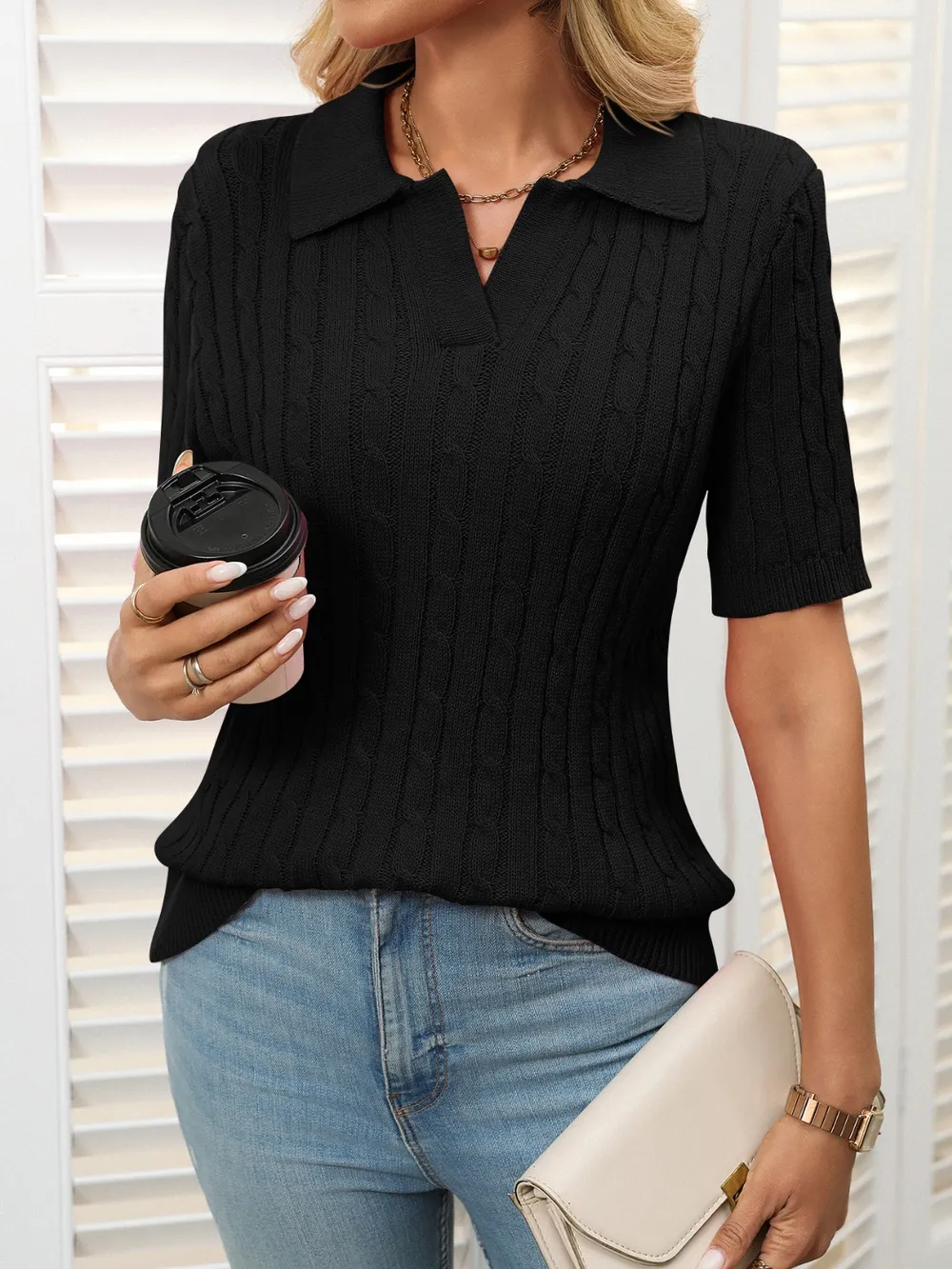 Cable Knit Johnny Collar Half Sleeve Sweater, image 22