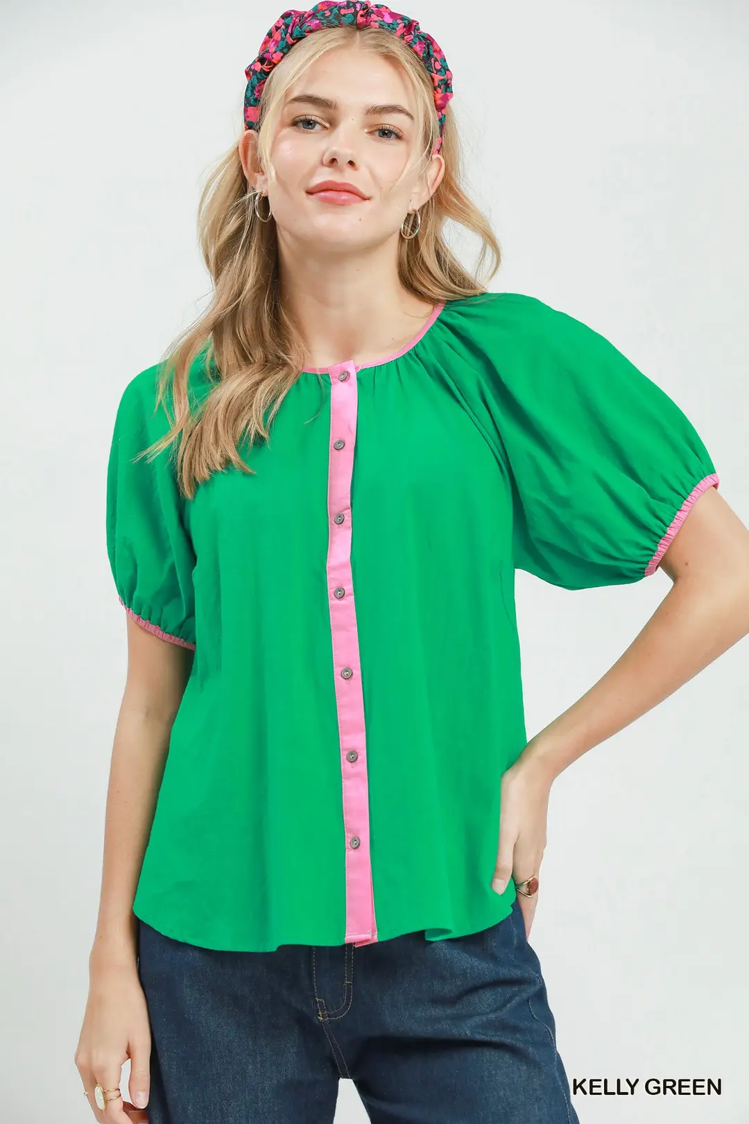Contrast Trim Button Front Puff Sleeve Blouse