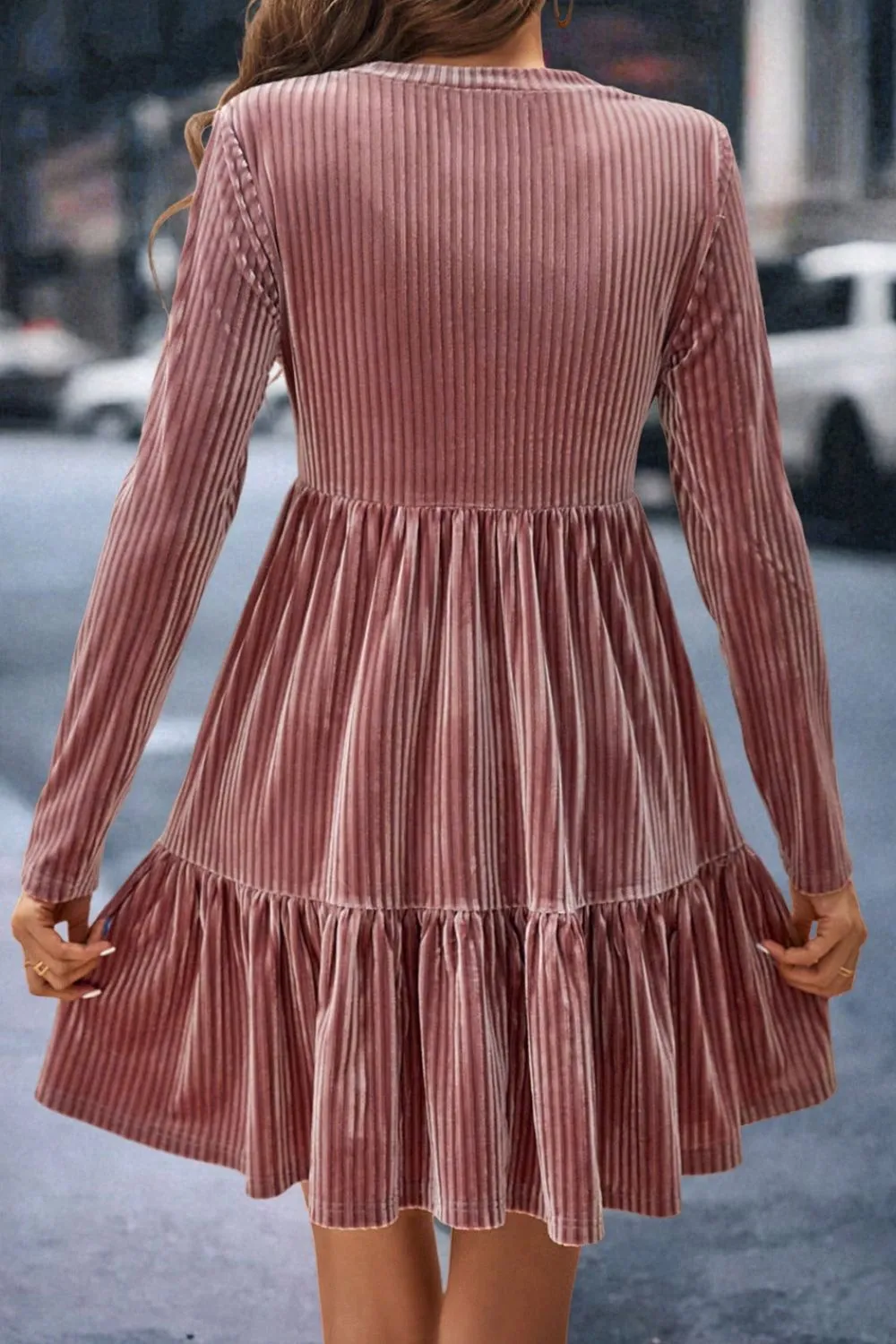 Ruffle Hem Round Neck Long Sleeve Dress, image 3