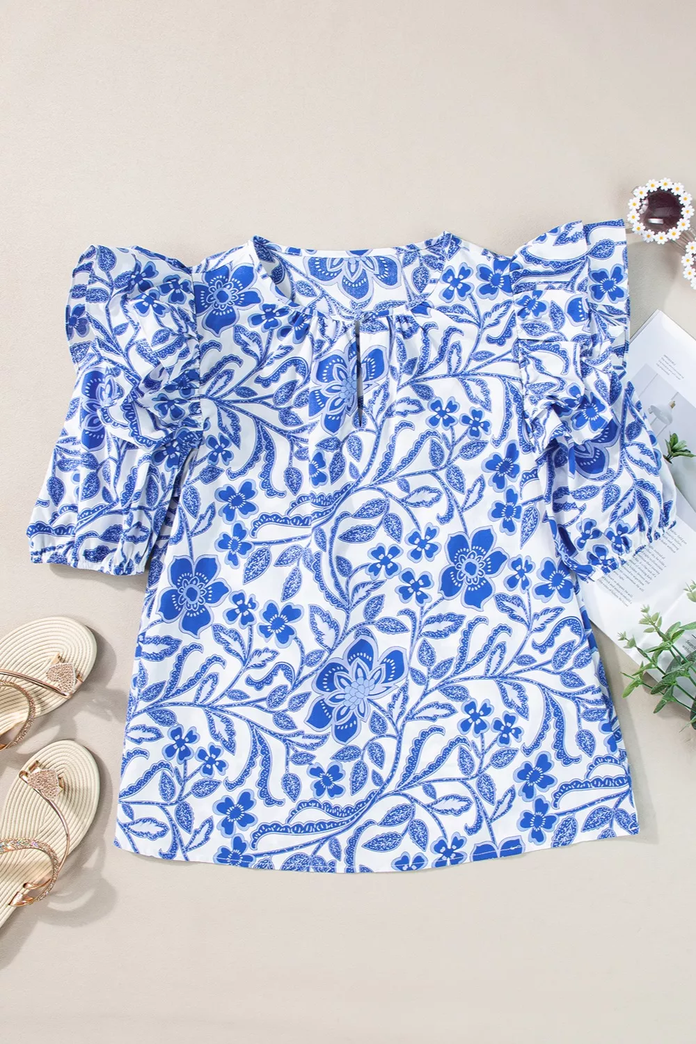 Printed Notched Half Sleeve Blouse, image 5