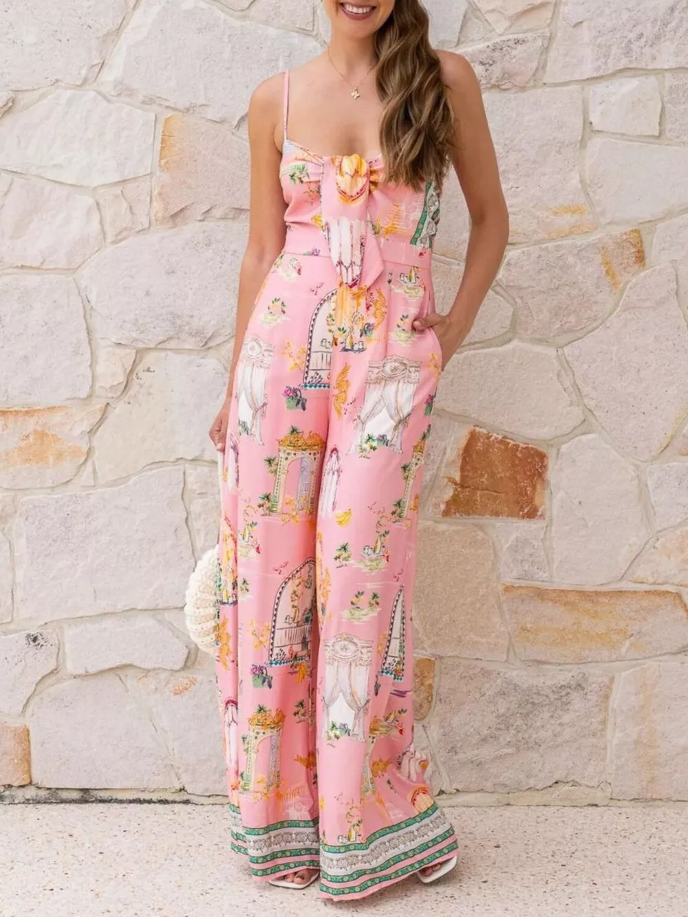 Printed Tie-Front Wide Leg Jumpsuit, image 4