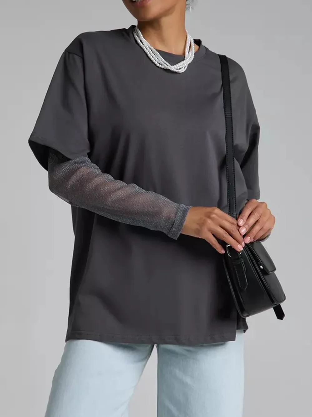 Faux Layered Round Neck Mesh Sleeve Top, image 5