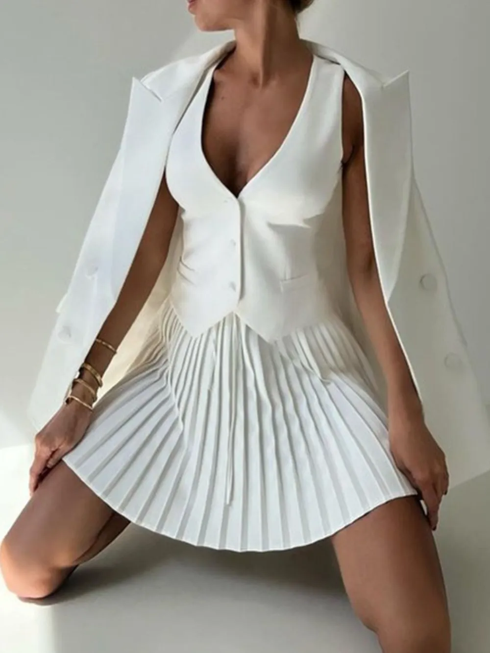 Button Up Vest and Pleated Mini Skirt Set, image 5