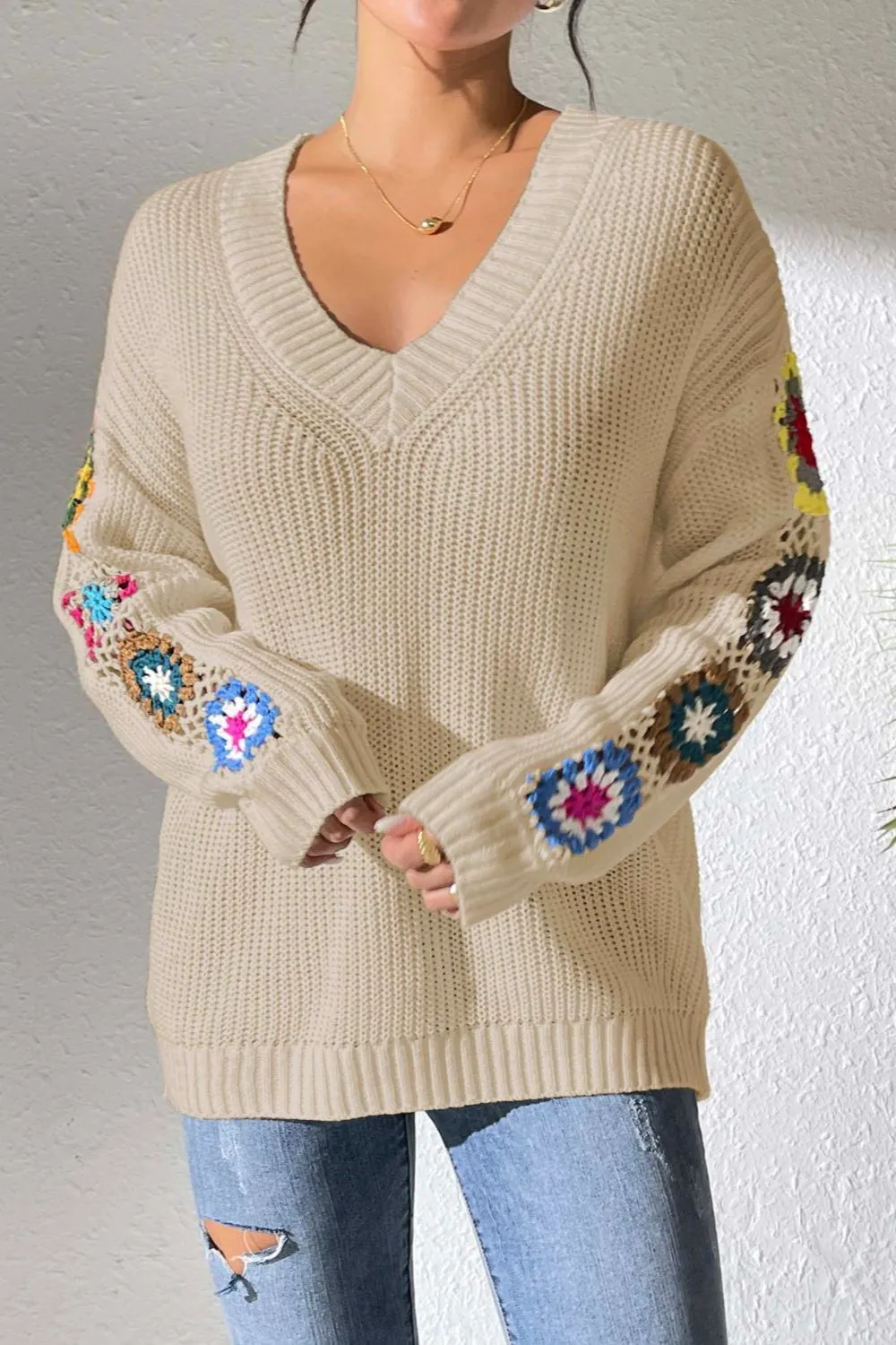 Crochet Flower V-Neck Sweater, image 14