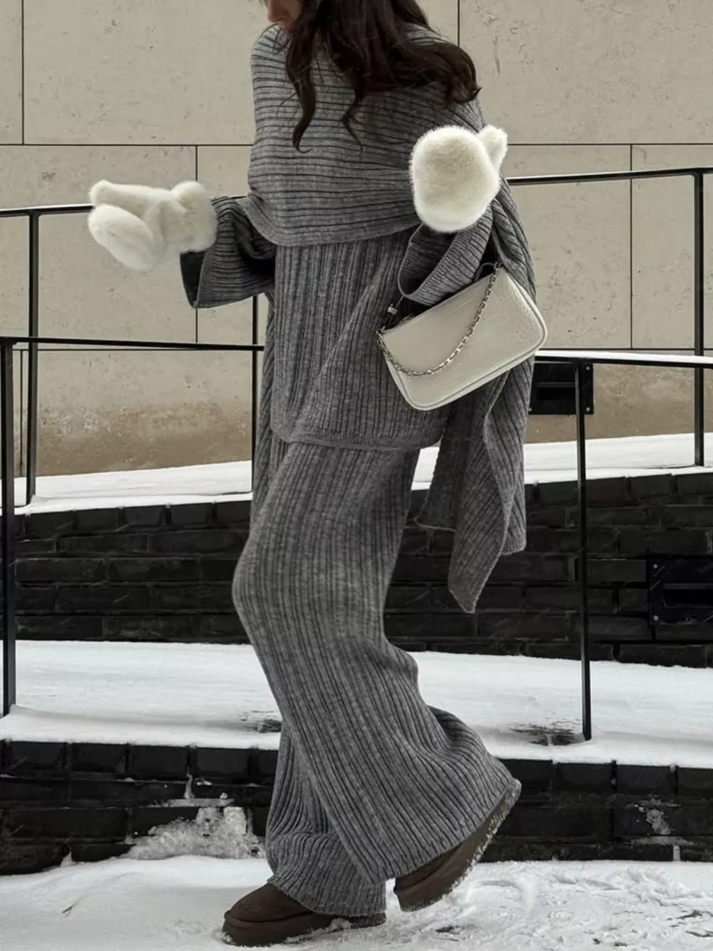 3-Piece Crew Neck Ribbed Sweater and Wide-Leg Pants Set with Scarf, image 7