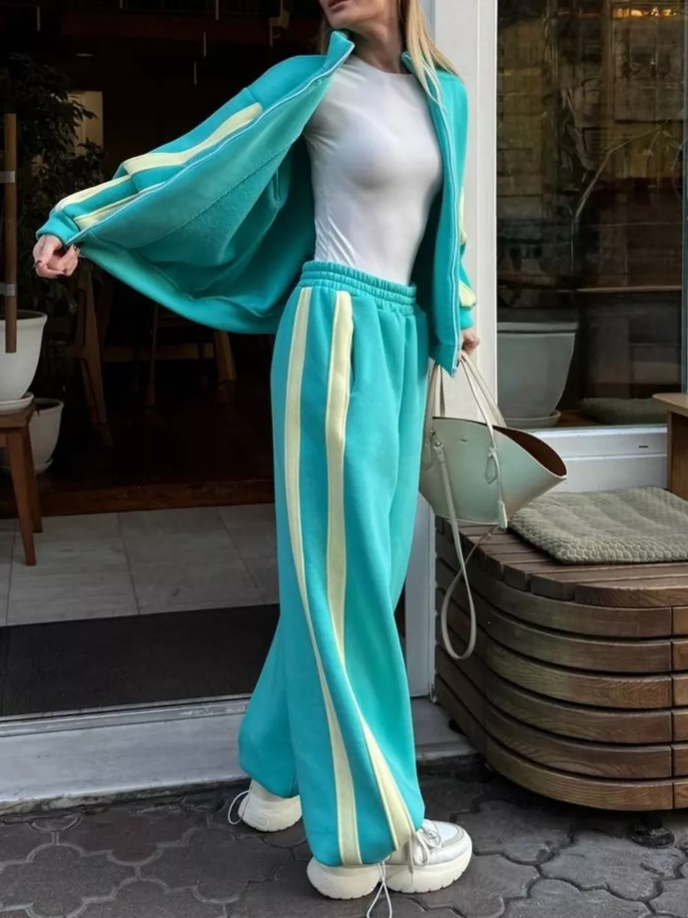 Contrast Striped Zip Up Top and Pants Set, image 5