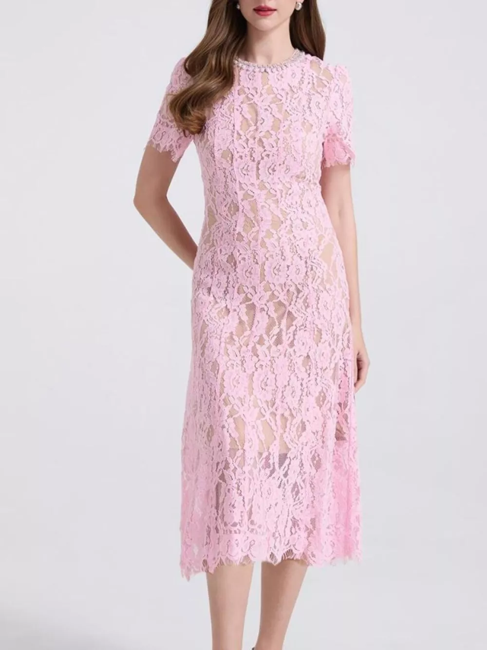 Lace Pearl Neckline Midi Dress, image 6