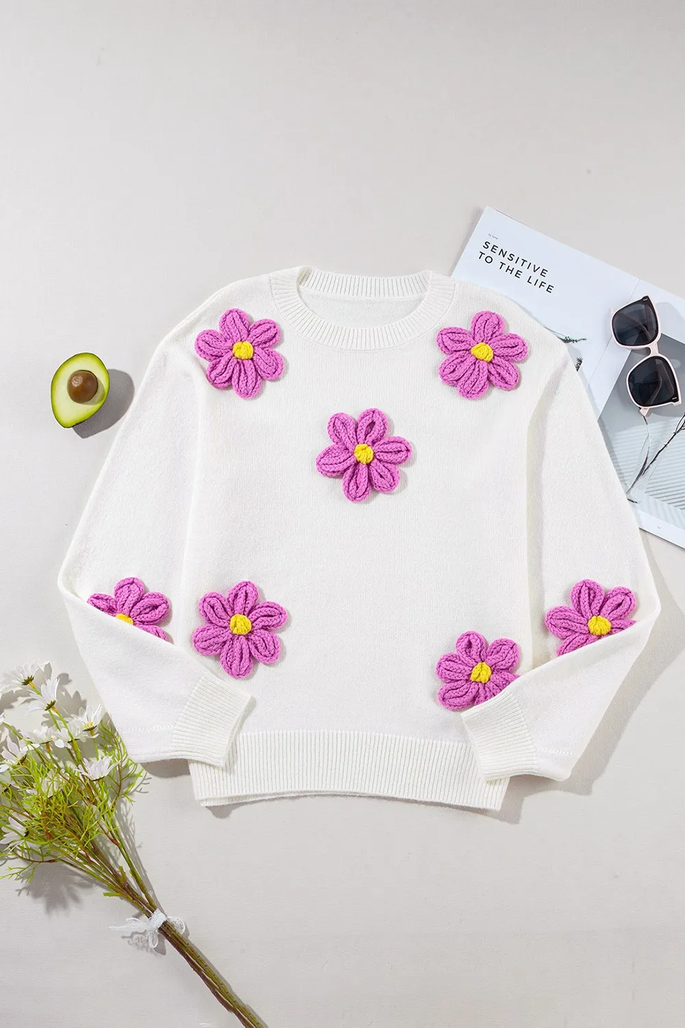 Crochet Flower Round Neck Long Sleeve Sweater, image 5