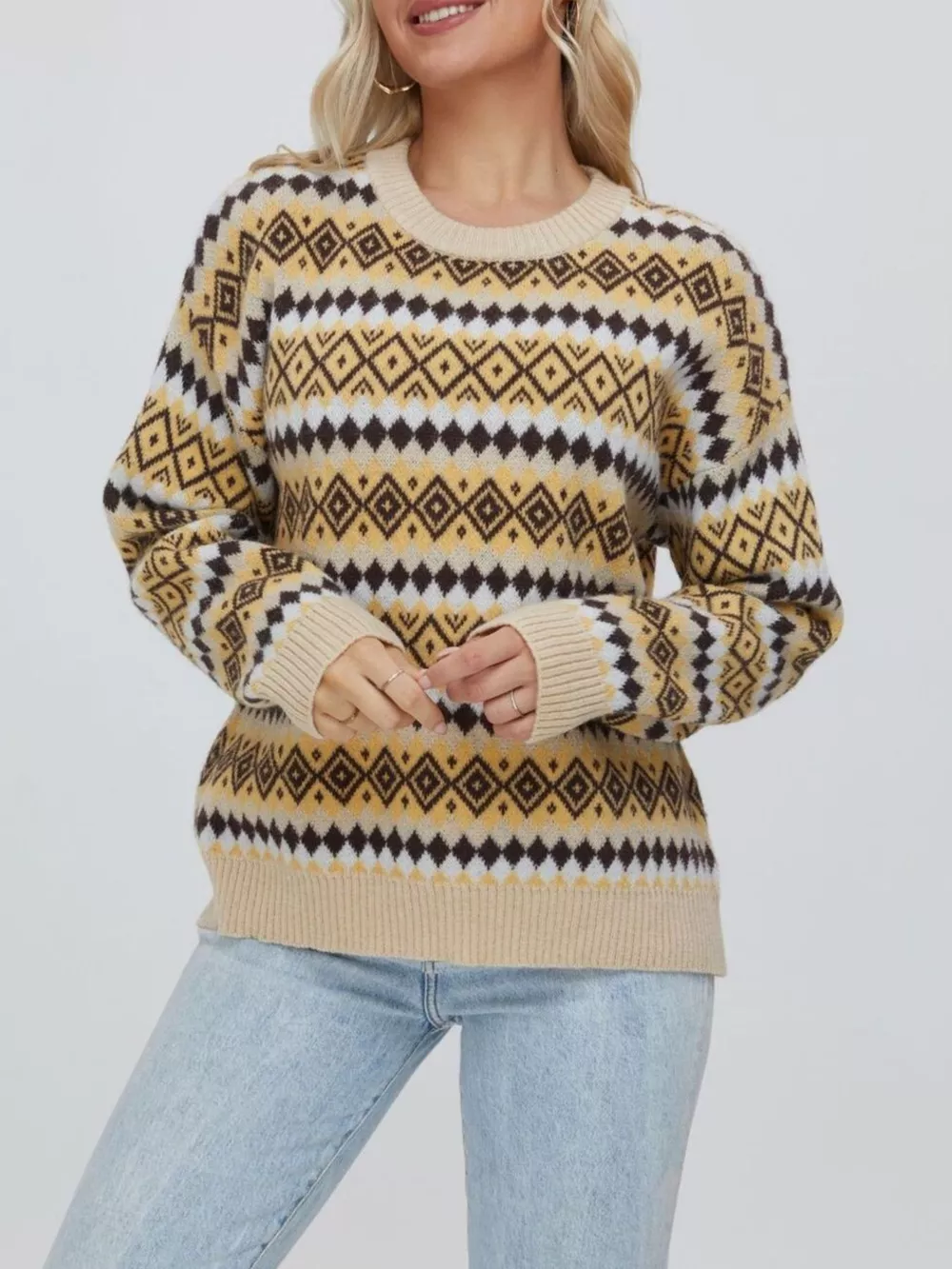 Geometric Pattern Round Neck Sweater, image 5