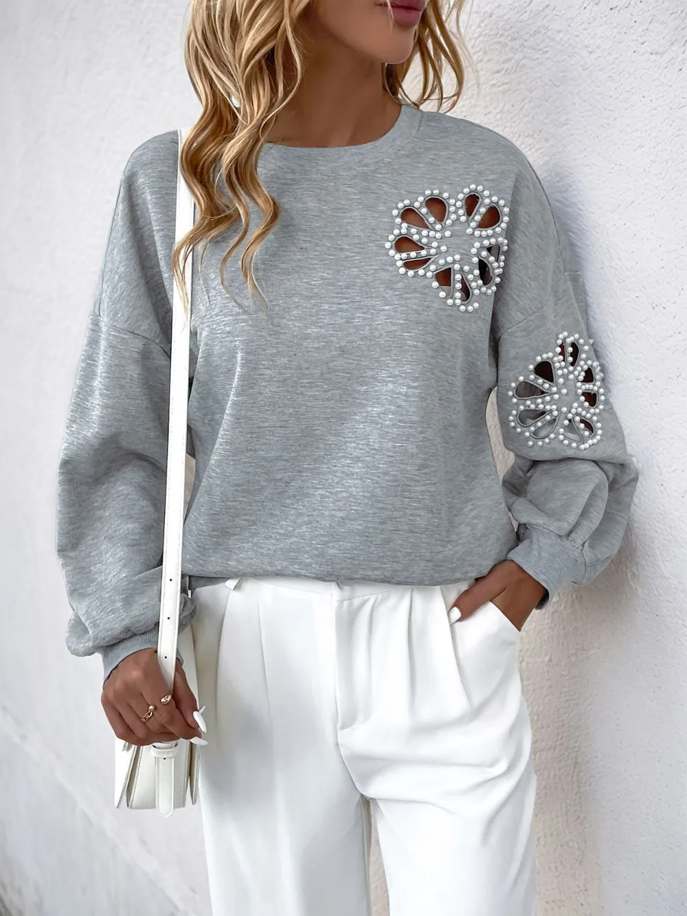 Cutout Pearl Round Neck Long Sleeve Sweatshirt, image 6