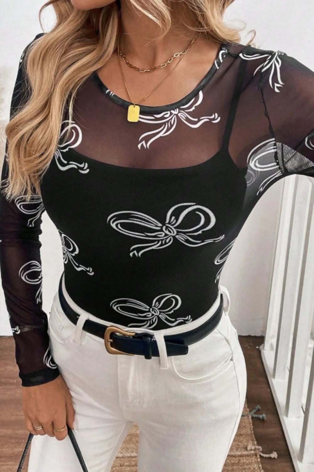 Bow Round Neck Long Sleeve Top, image 5
