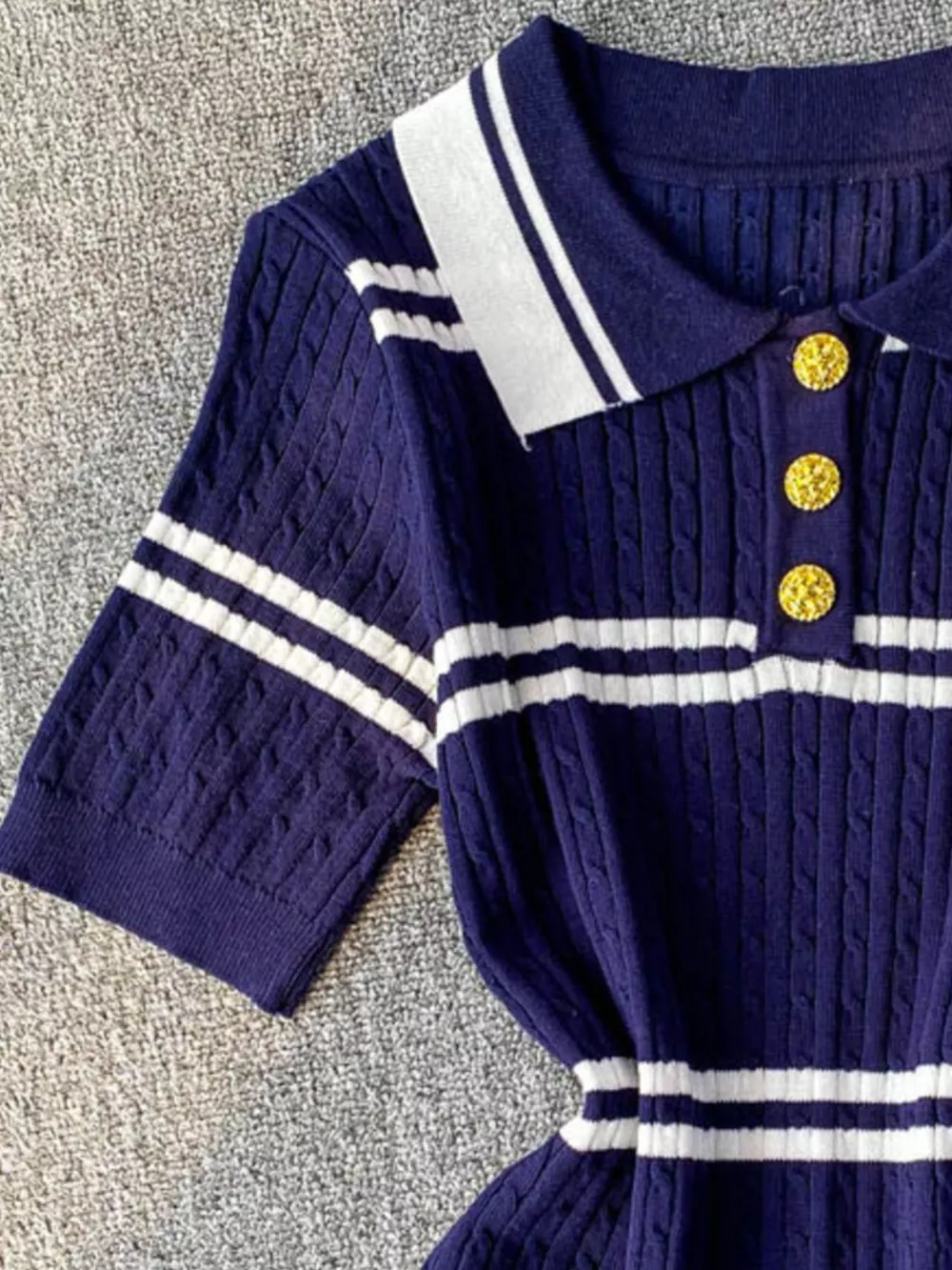 Striped Knit Polo Collar Top, image 13