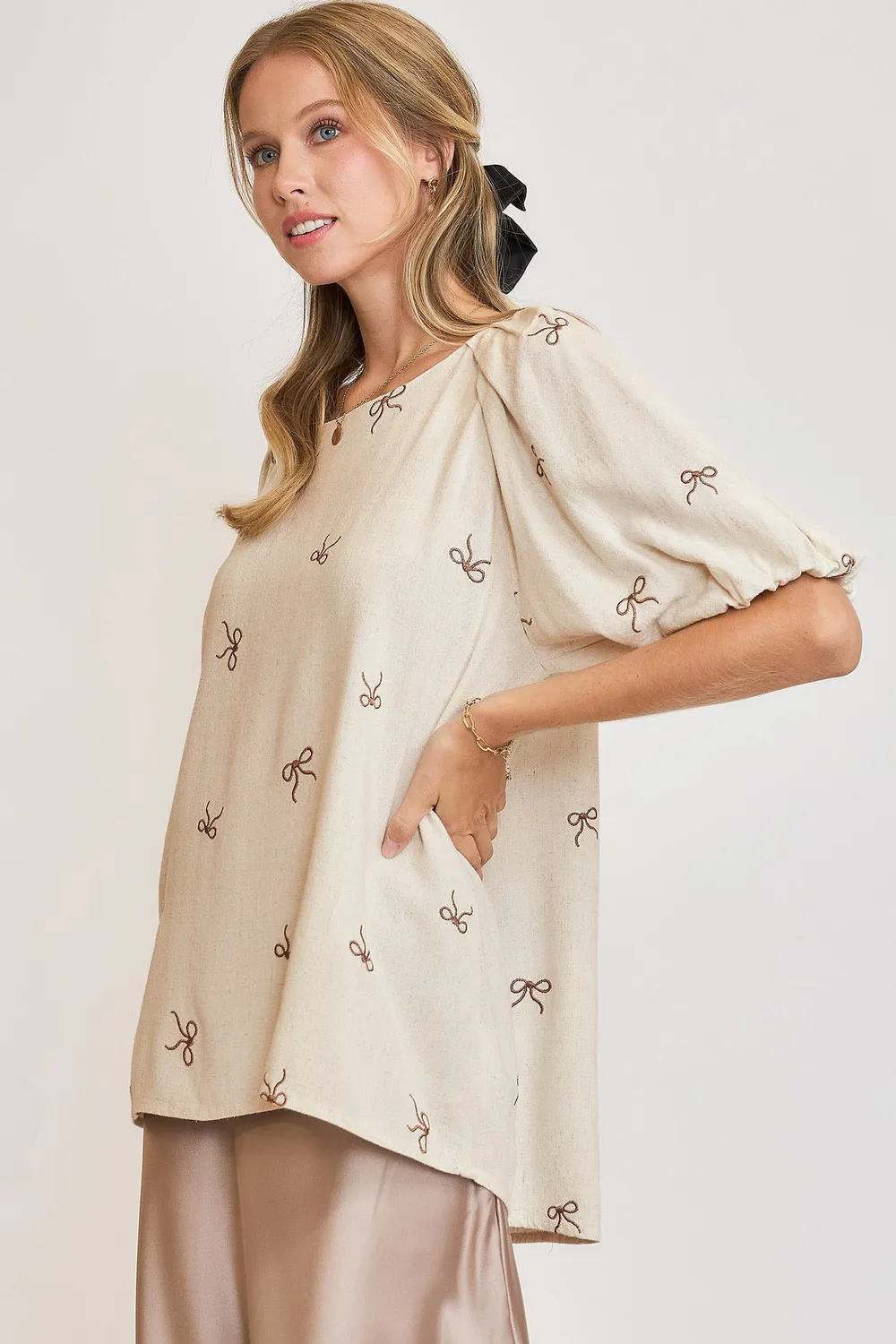 Full Size Linen Blend Ribbon Embroidered Top Plus Size, image 2