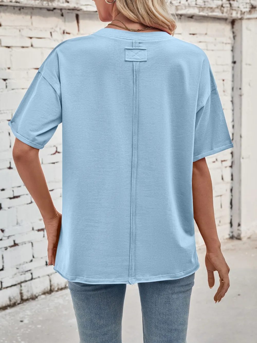 Exposed Seam Round Neck Half Sleeve T-Shirt, image 4