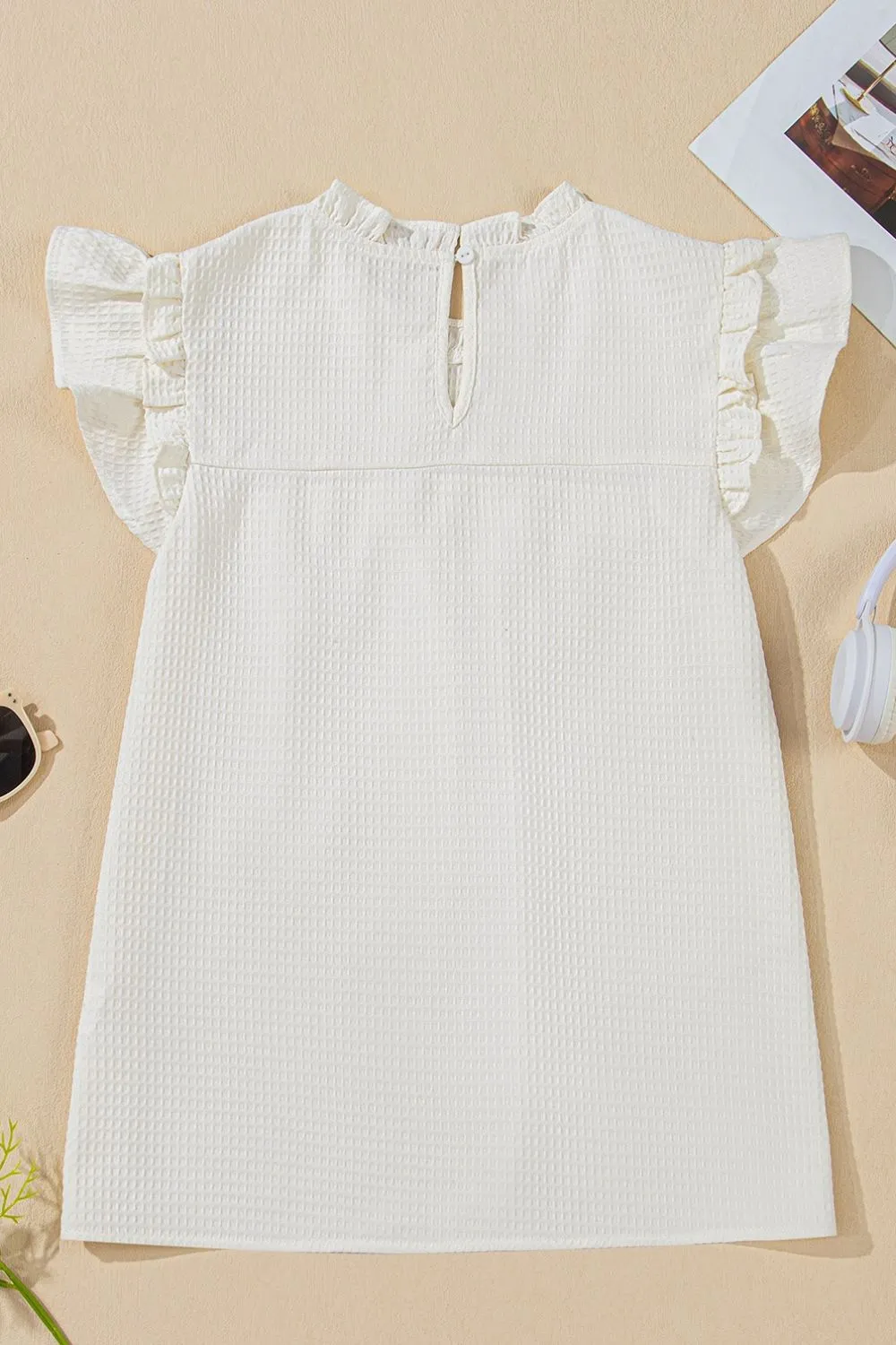 Solid Color Ruffle Trim Waffle Knit Blouse, image 8