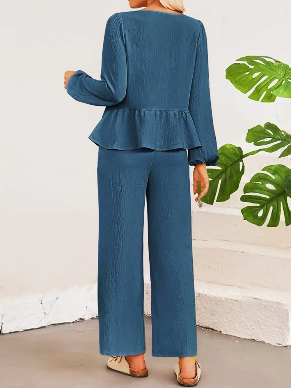 Tie Neck Balloon Sleeve Top and Pants Set, image 14