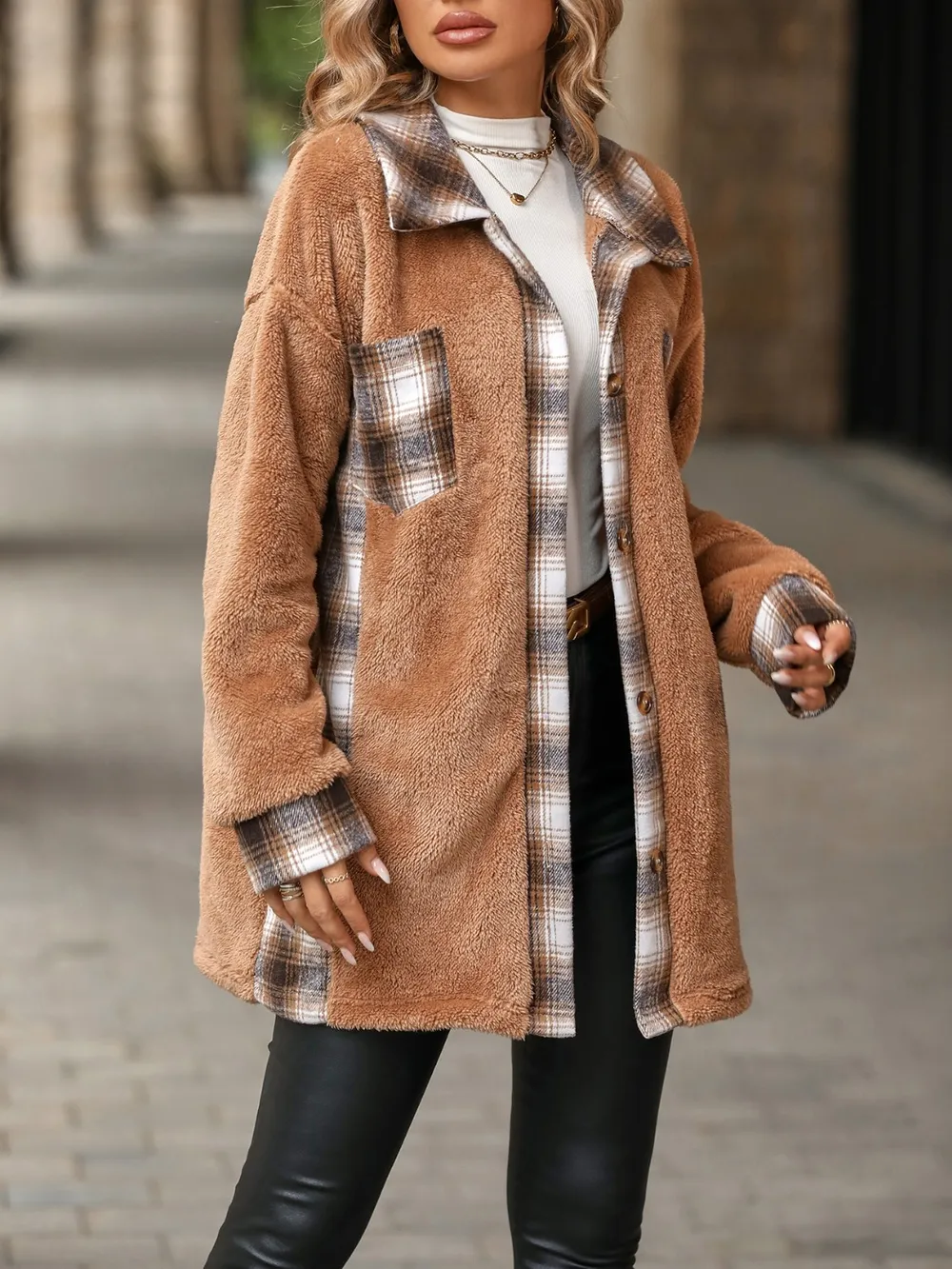 Plaid Contrast Dropped Shoulder Coat, image 2