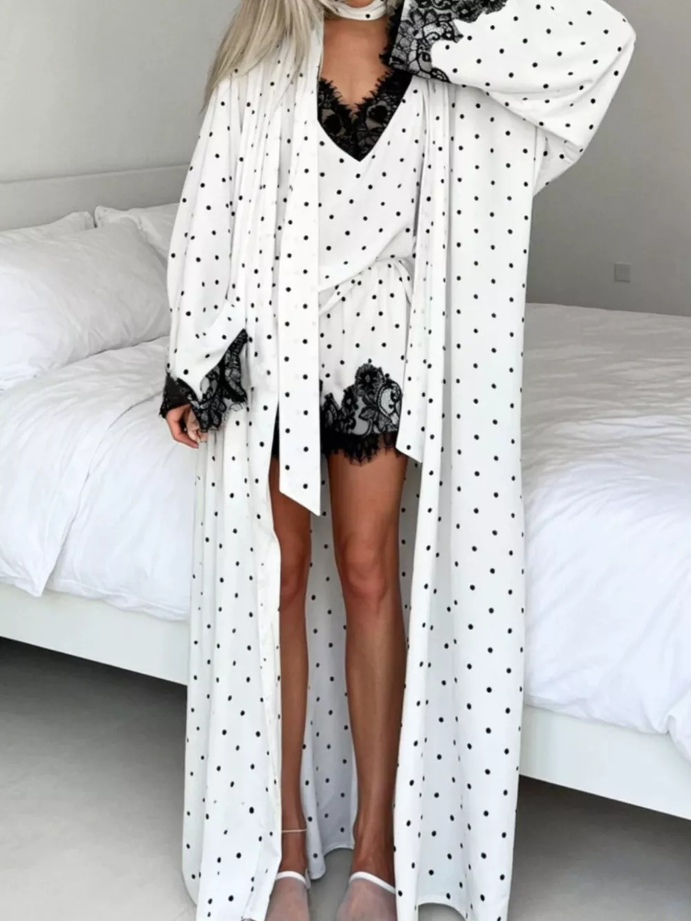 Polka Dot Lace Trim Cami & Cardigan and Shorts Set, image 4