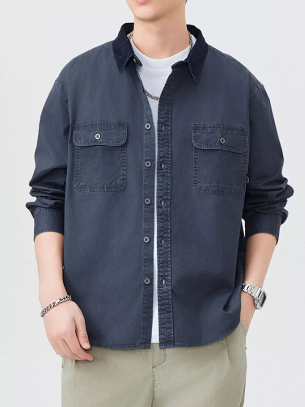 Men's Plus Size Button Up Shacket with Dual Chest Pockets, image 3
