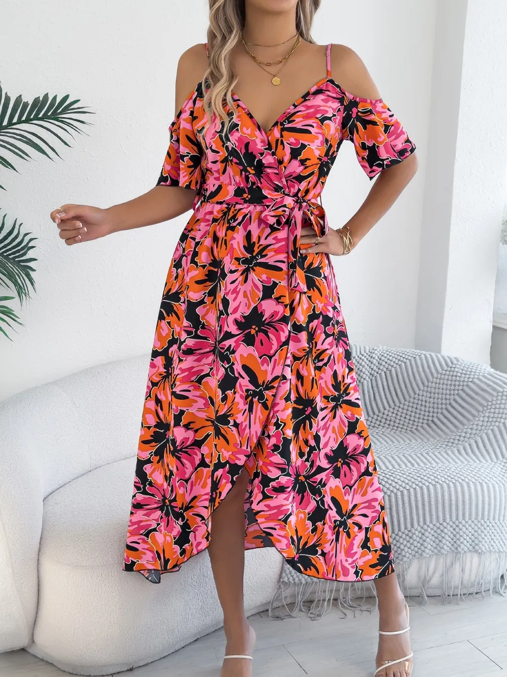Printed Cold Shoulder Midi Cami Dress
