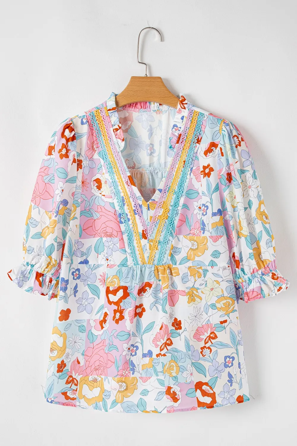 Boho Flower Print Half Puff Sleeve Blouse, image 6