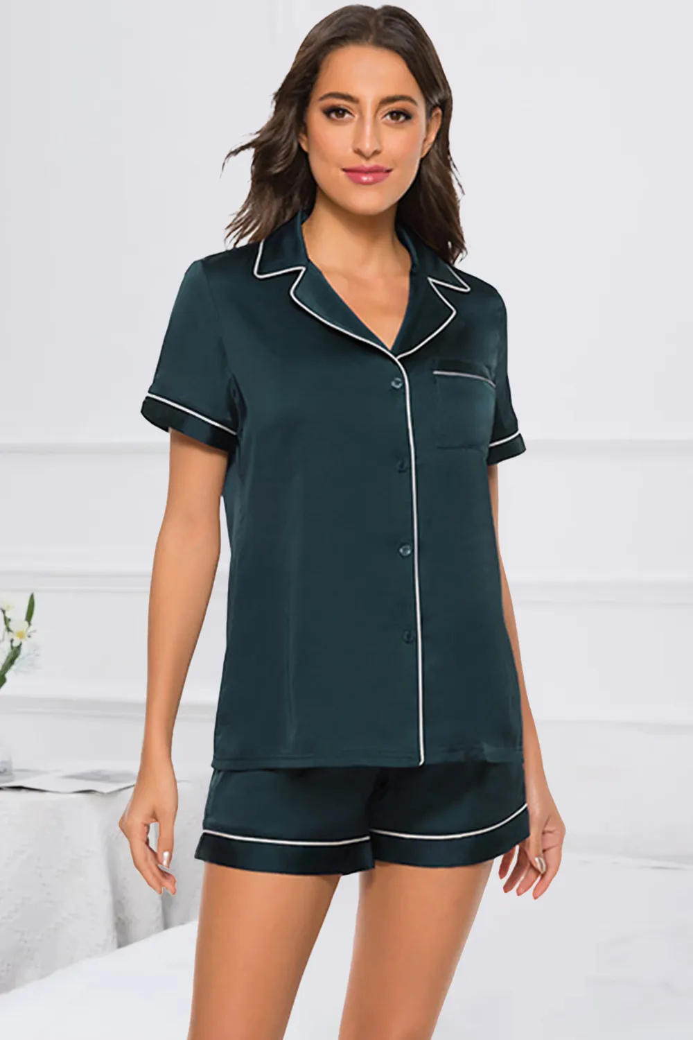 Printed Button Up Short Sleeve Top and Shorts Lounge Set, image 28