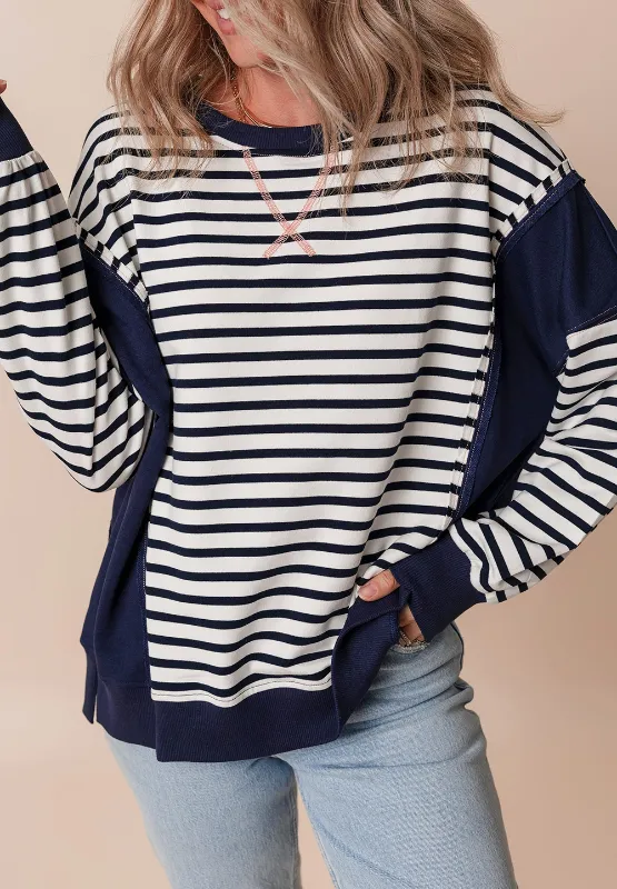 Exposed Seam Striped Long Sleeve Sweatshirt, image 8
