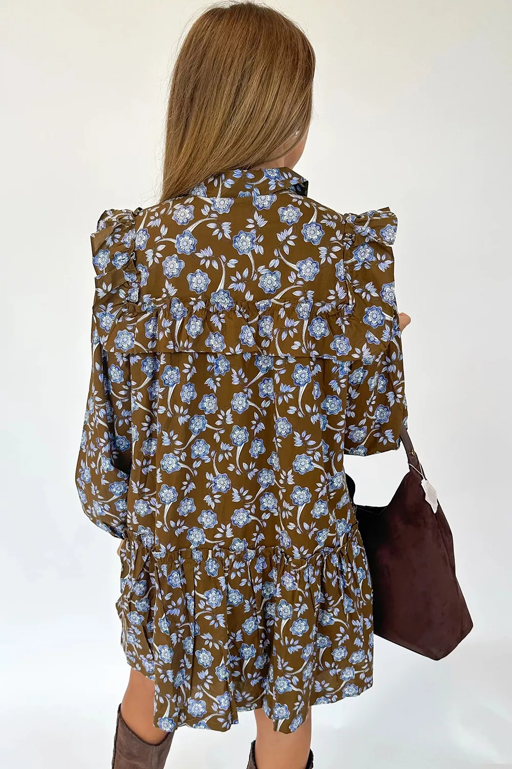 Floral Print Ruffled Detail Shirt Collar Button Down Long Sleeve Dress, image 2