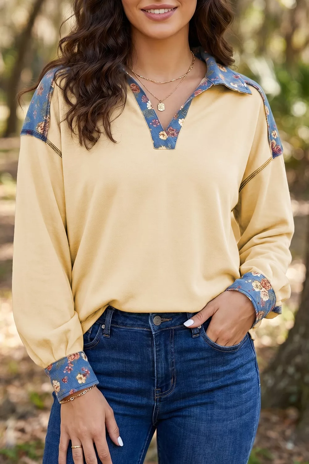 Floral Denim Patchwork Collar V Neck Long Sleeve Pullover Top, image 4